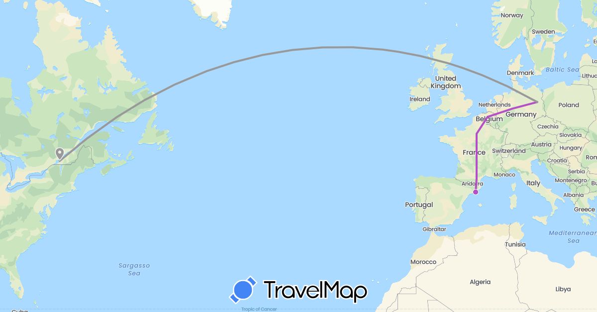TravelMap itinerary: driving, plane, train in Canada, Germany, Spain, France (Europe, North America)